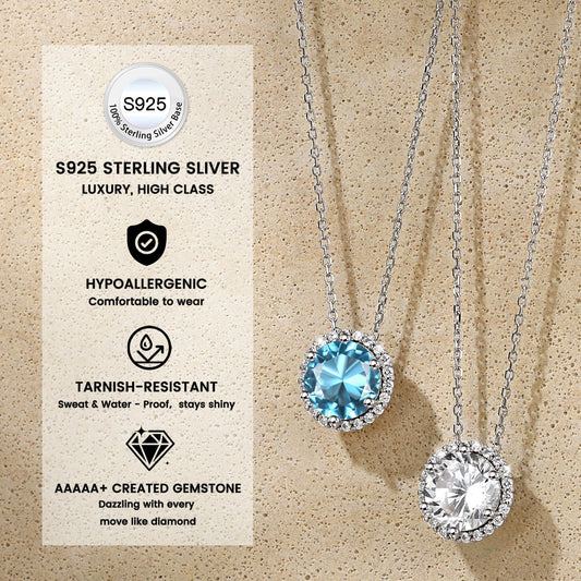 Birthstone Necklace for Women Pure 925 Sterling Silver Necklaces March round Blue Aquamarine Crystal Pendant Gifts for Everyday Wear Mother'S Day