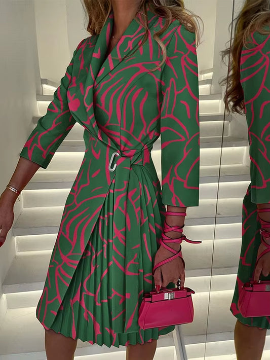 Autumn V-Neck Cinched Waist Printed Dress